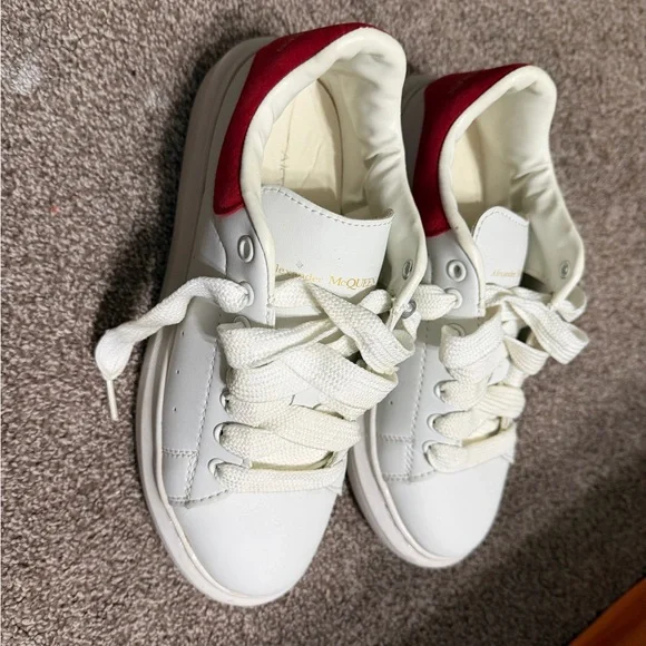 Alexander McQueen Cream and Red High-Top Sneakers - Picture 1 of 5
